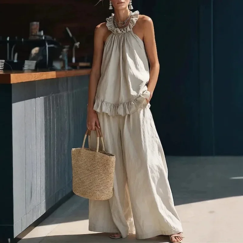 WomenHalter Ruffle 2 Piece Outfit Sleeveless Loose Top High Waist Wide Leg Pants Casual Vacation Linen Matching Sets Streetwear