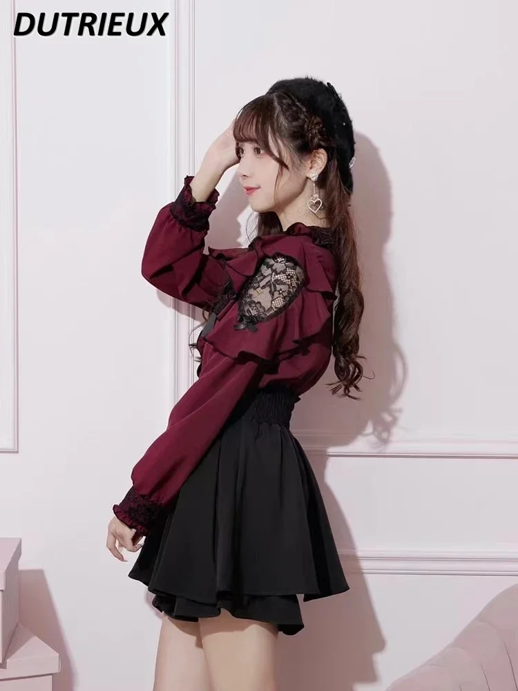 Japanese New Lolita Clothes Sweet Lace Ruffled Off-the-Shoulder Mine Long Sleeve Shirt Women Spring Summer New Blusas Femininas