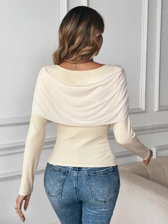 

Spring Autumn 2025 Gentle Light Mature Long Sleeve T-Shirt Slimming Solid Color Shawl Top for Women