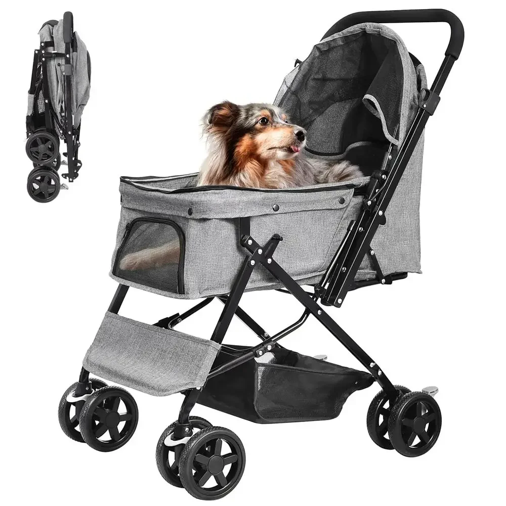Reversible Handle Pet Stroller for Medium Dogs and Cats with Spacious Storage Basket, Gray