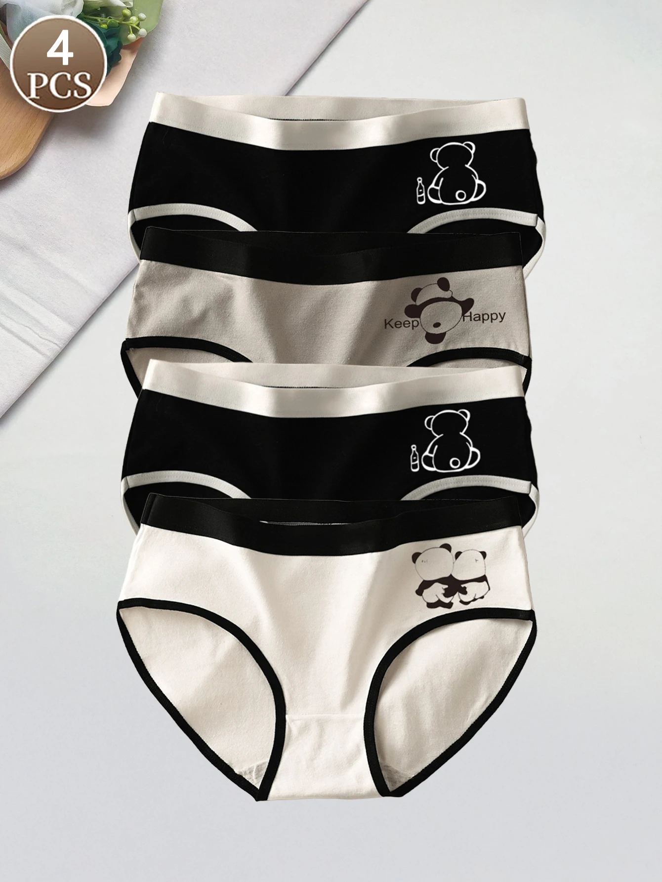 4-pack women's underwear with cute cartoon patterns, women's knitted seamless briefs women's casual mid-waist and soft brief