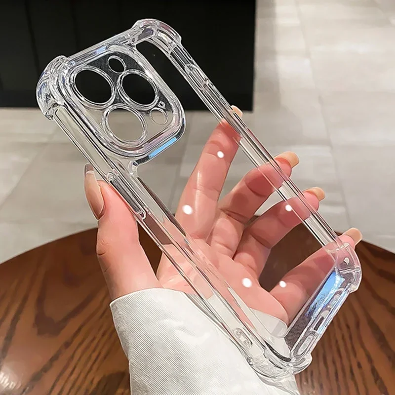 

Shockproof Case for IPhone 11 12 13 14 15 Pro Max Plus X XS XR Clear Bumper Acrylic Hard Back Cover Silver Button