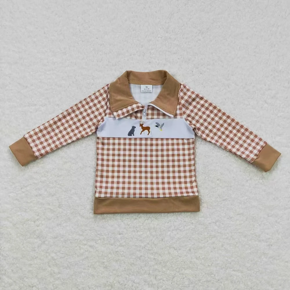 Children Embroidery T-shirts Toddler Long Sleeves Reindeer Dog Duck Baby Boy Girl Kids Hunting Lapel Zipper Pullover Clothing