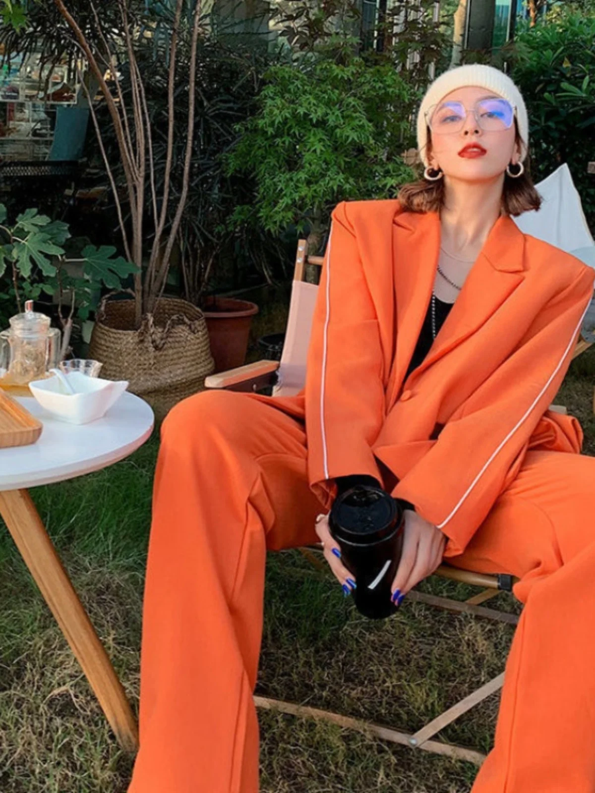 Long Sleeve Fashion Orange Jacket Suit for Women Blazer and Pants Two Piece Set Korean Style Winter Clothing Elegant Clothes