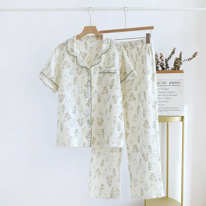 

2025 New Spring/Summer Women's Pajama Set 100% Cotton Crepe Short Sleeve+Pants Two Piece Set for Women's Cute Home Furnishings