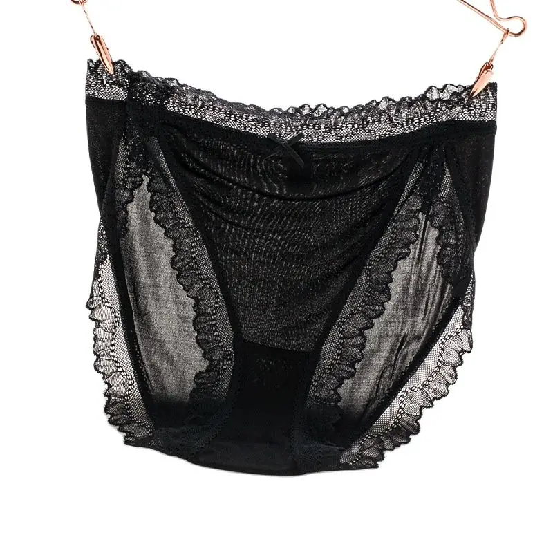 Birdtree, 3pcs 100%Real  Silk Women's Underwear Sexy Lace Mid-waist Hollow Comfortable Breathable Healthy Briefs New P36077QM