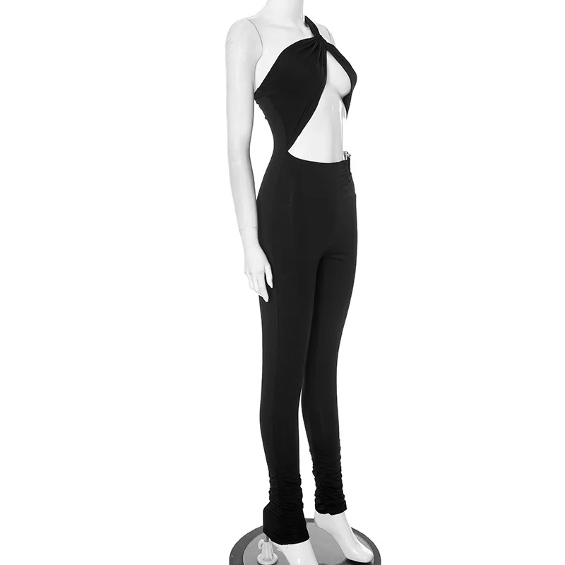 BKLD Women Clothing Fashion 2025 New Sexy Tight Jumpsuit Hollow Out One Shoulder Sleeveless Casual Black Jumpsuits One Pieces