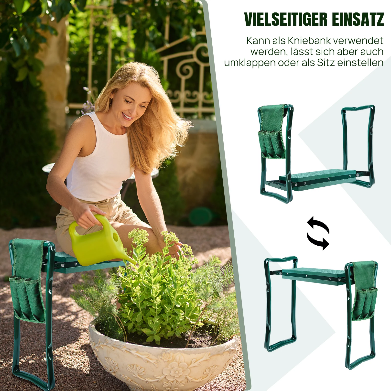 2-in-1 Garten-Kniebank mit Werkzeugtasche, klappbarer EVA-Schaumstoff-Kniebank & Sitz, dick gepolstertes Kissen zum Jäten/Pflanzen – robuste Ausführung mit 150 kg Tragfähigkeit