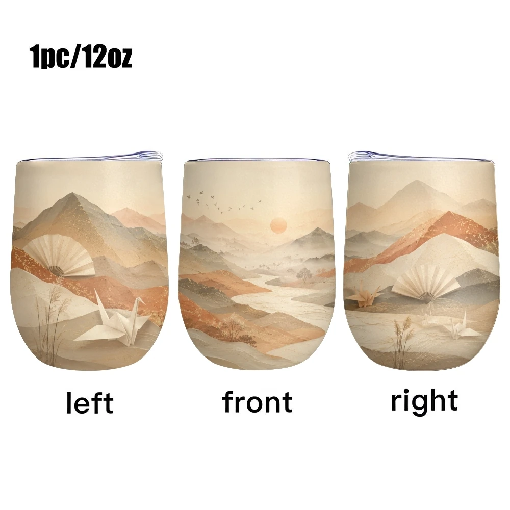 Mountain and River Painting Vacuum Flasks 12oz Insulated Wine Tumbler Vacuum Coffee Mug Egg Shape Thermos Cup