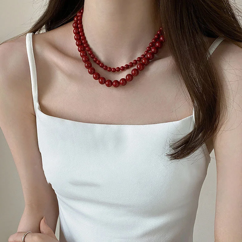 Vintage rote Perlenketten für Frauen, einfache handgefertigte Glasperlen-Ketten, elegante Charms, ästhetischer Schmuck, Accessoires – Detail 4