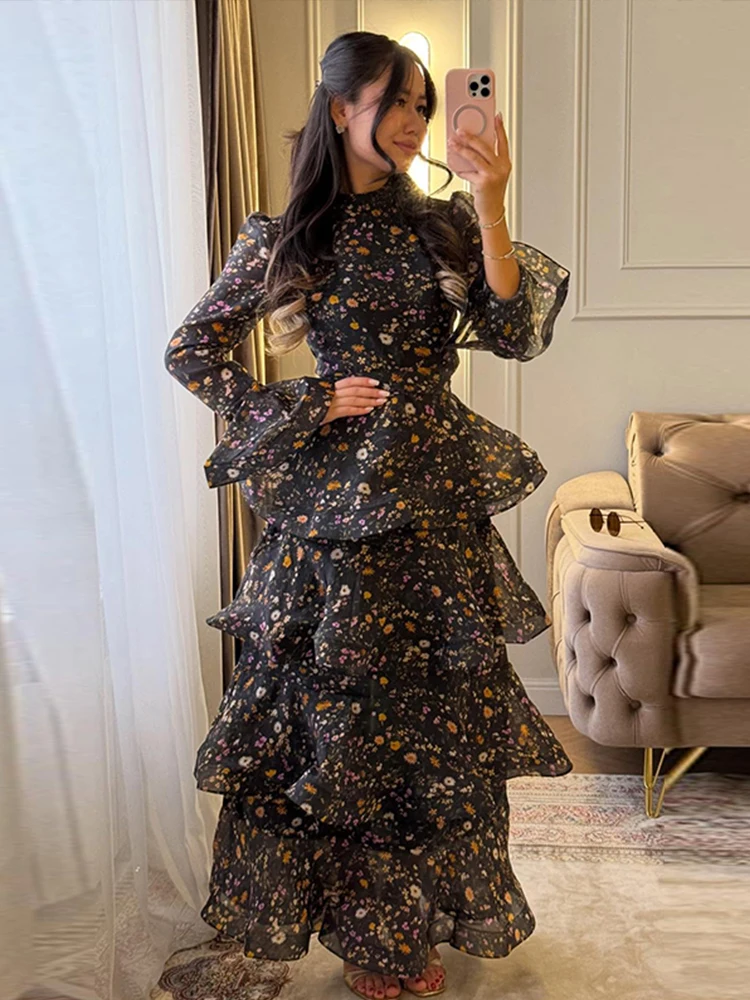 Elegant Floral Women's Cake Dress Bell-Bottomed Sleeve Stand Collar Waist-Closed Lady Dresses 2026 Summer Female Robe New