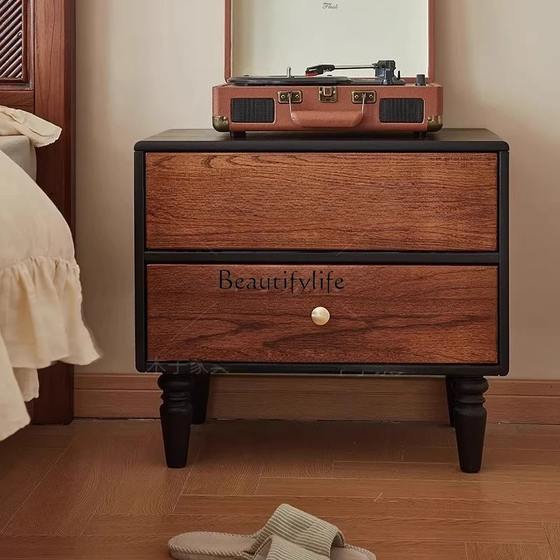 

French antique red oak bedside table retro American simple storage cabinet
