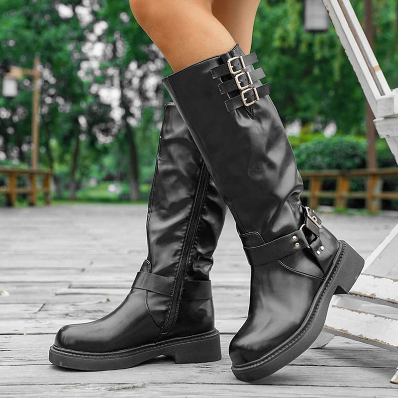 Obrázek 6: Retro hnědá západní kovboj boty pro ženy 2025 podzim zima PU kůže koleno vysoký botas mujer zip spona platforma jezdec boty