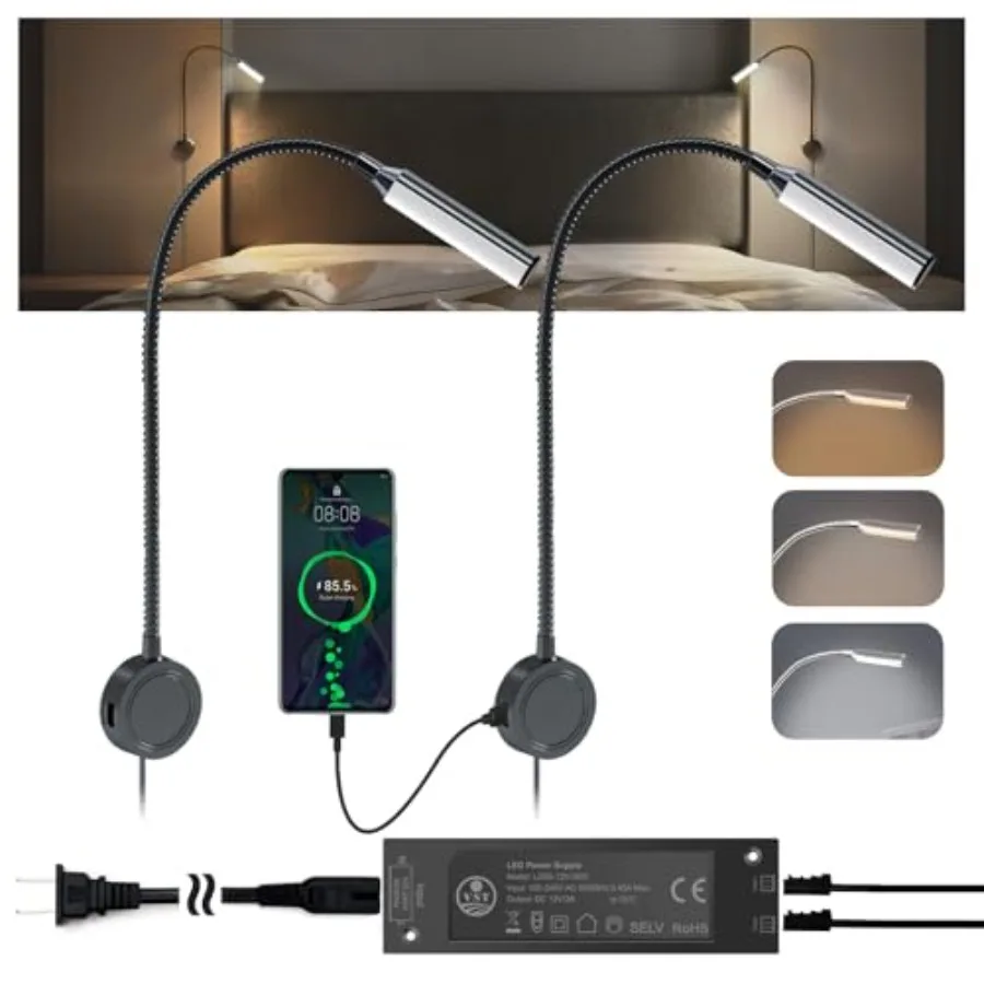 

Настенные светильники для чтения у изголовья кровати, сенсорное управление цветовой температурой 3000K/4000K/6000K и яркостью