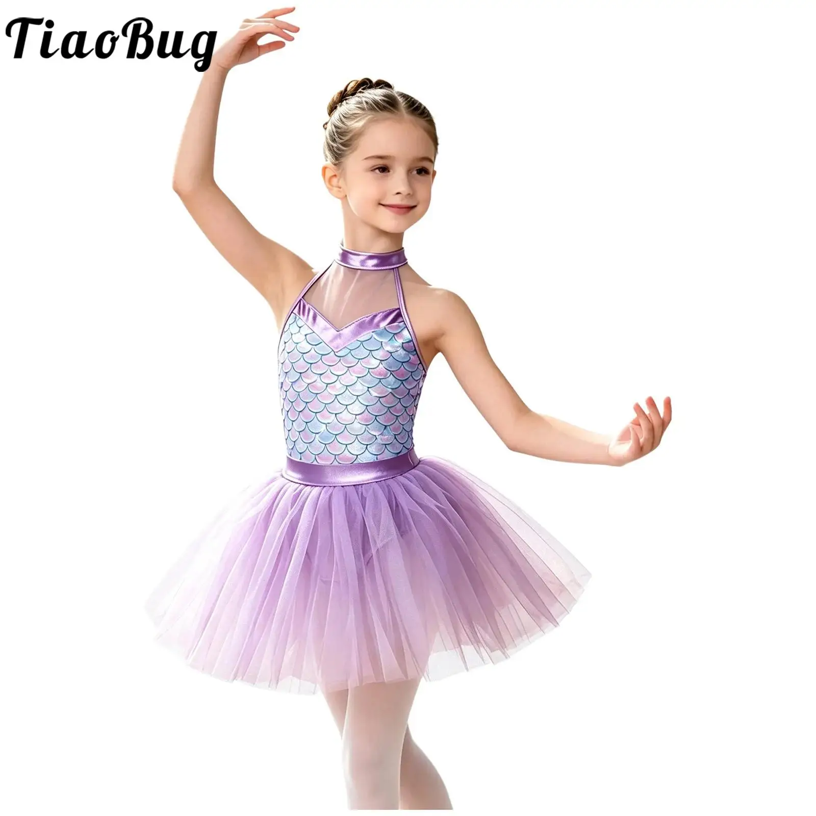 Kids Girls Ballet Dance Dress Halter Sleeveless Printed Bodice Tulle Leotard Skating Gymnastics Ballerina Performance Costume