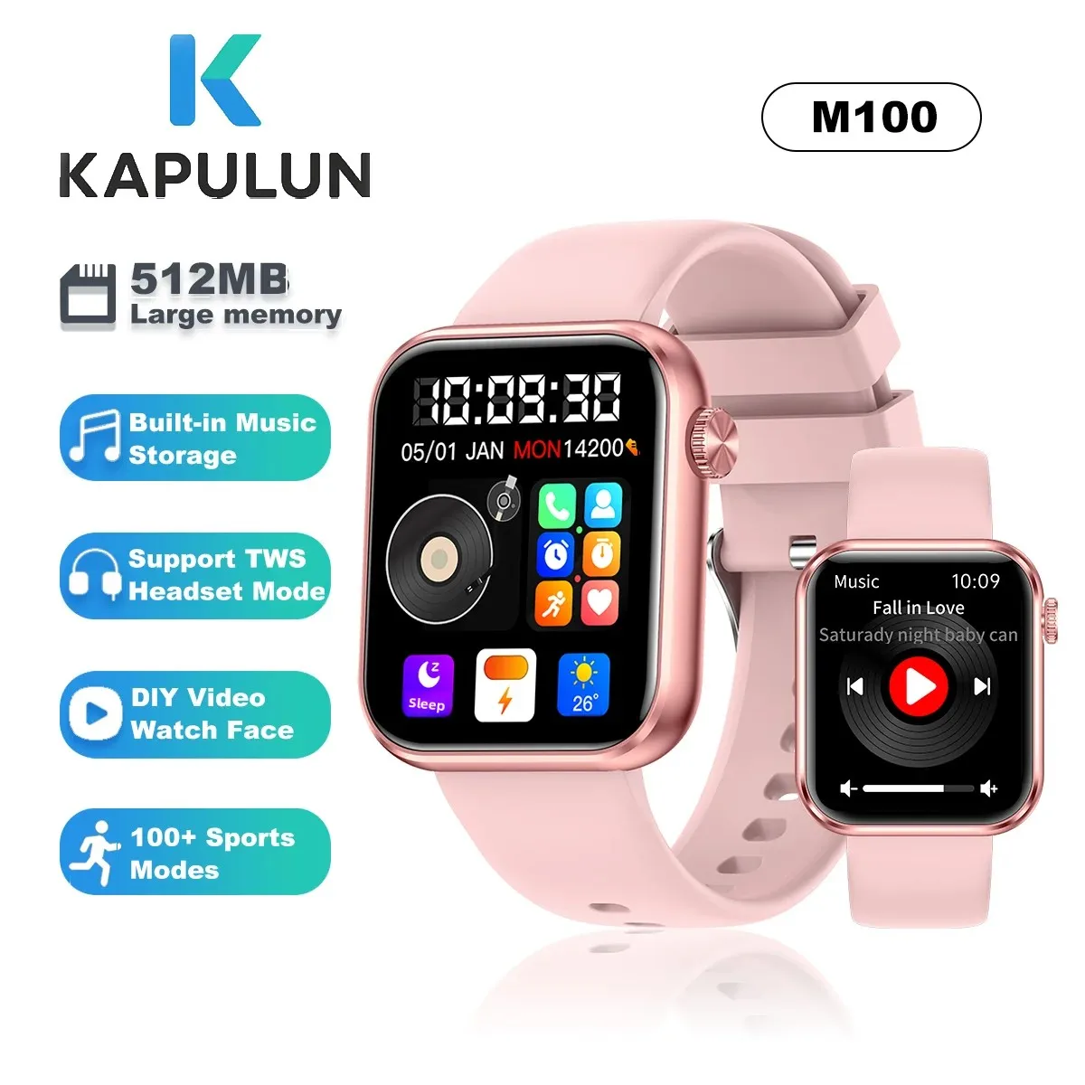 

KAPULUN Музыкальные Смарт-часы TWS Наушники Bluetooth Вызов 100+ Спортивные режимы Мониторинг здоровья Смарт-часы для женщин и мужчин