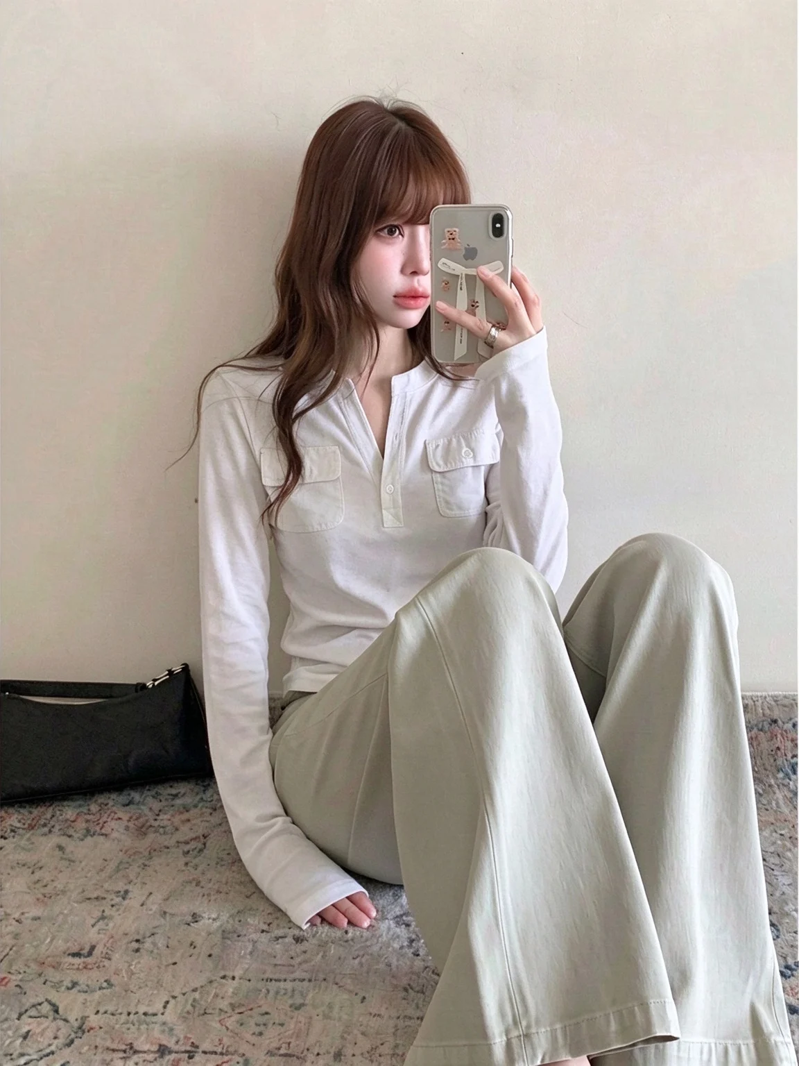 Korean Style Long Sleeve Henry Collar T-Shirt Women's Base Layer Shirt Inner Wear Casual Fashion Slim Fit Autumn Top