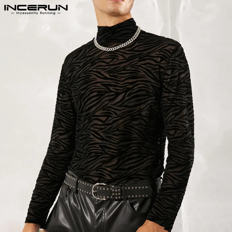 INCERUN Men Mesh T Shirt Turtleneck Long Sleeve See Through Print Casual Sexy Tee Tops 2024 Streetwear Party Nightclub Camisetas