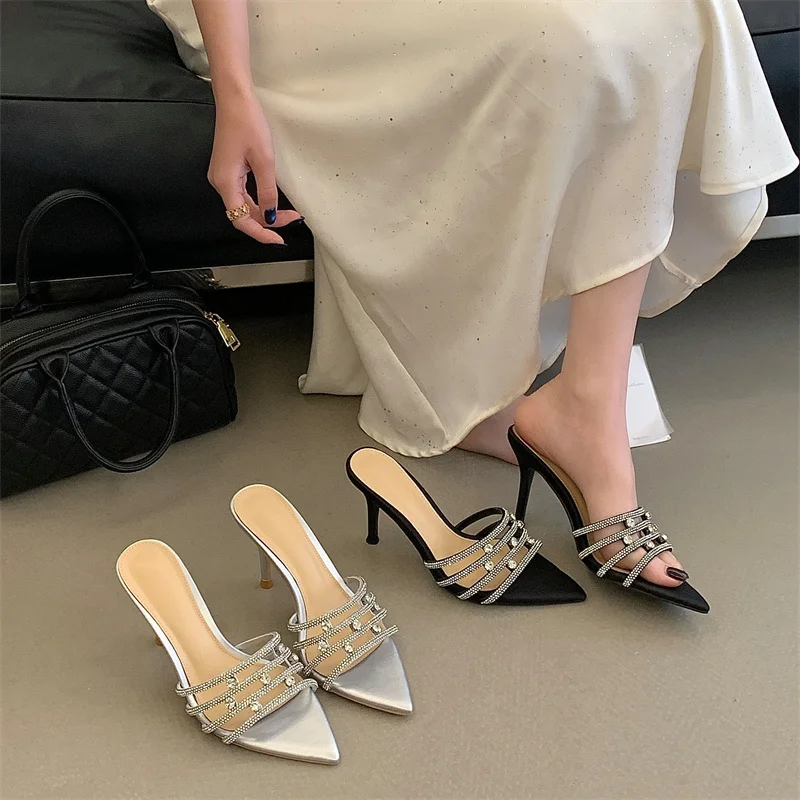 Hot Sale Woman Shoes Rhinestone Pointed Toe Open Toe Mules Summer Fashion One Strap Sexy Hot Selling High Heel Slippers