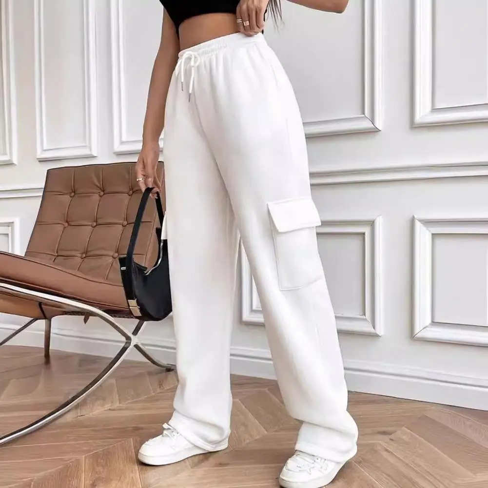 Fashion Women Cargo Pants Elastic Waist Adjustable Drawstring Straight Wide Leg Trousers Solid Color Sport Long Pants Casual