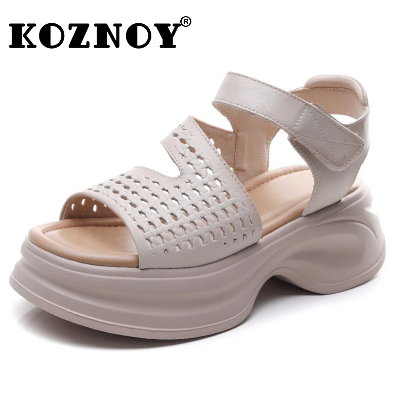 

Koznoy/летние сандалии на танкетке из натуральной коровьей кожи 6 см, женские сандалии на крючках, обувь на плоской подошве, туфли Мэри Джейн с открытым носком