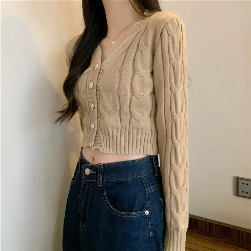 Cardigan Women Knitwear Autumn New Arrival V-neck Cropped Solid Sweater Twisted Clothing Harajuku Daily Chic All-match Aesthetic