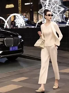 Fashionable High Waist Casual Long Sleeve Slimming Pleated Top And Long Pants Ensemble Summer New Arrival Three Houses Wind