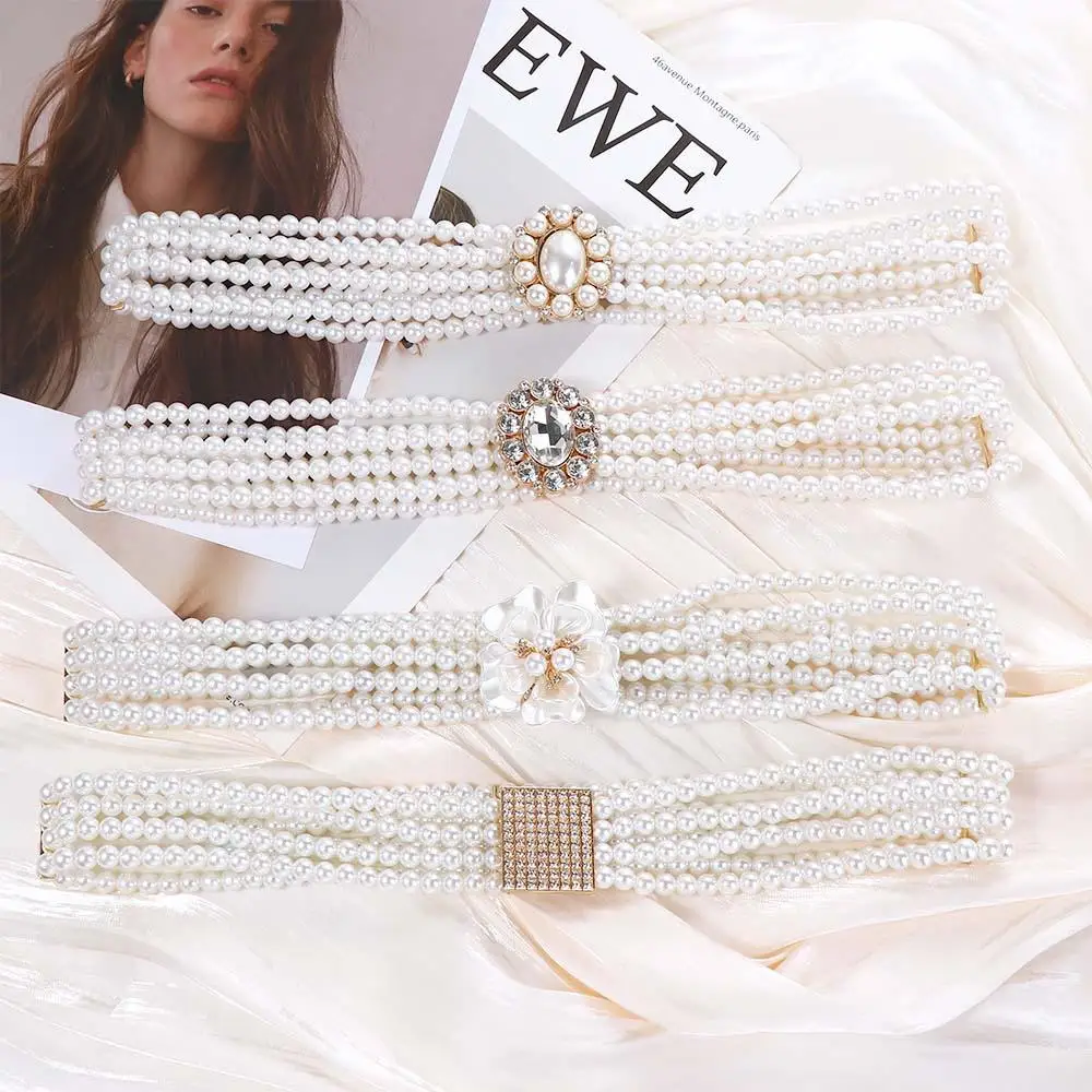 

Elegant Long Elastic Crystal Flower For Girls Korean Belt Women Waistband Dress Decoration Faux Pearl