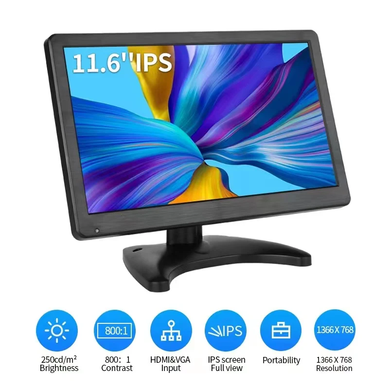 Zhixianda11.6 Inch IPS Screen 1366*768 Full Viewing Angle Car TV LED Desktop Display Computer Monitor With HD-MI VGA Port