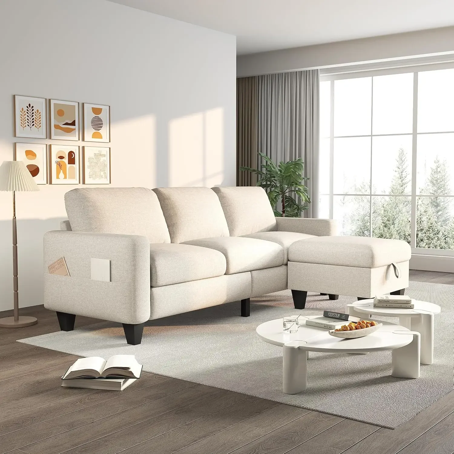 

Convertible Sectional Sofa Couch,Beige Linen Fabric Modern 3-Seat L-Shaped Upholstered Furniture with Storage Reversible Ottoman