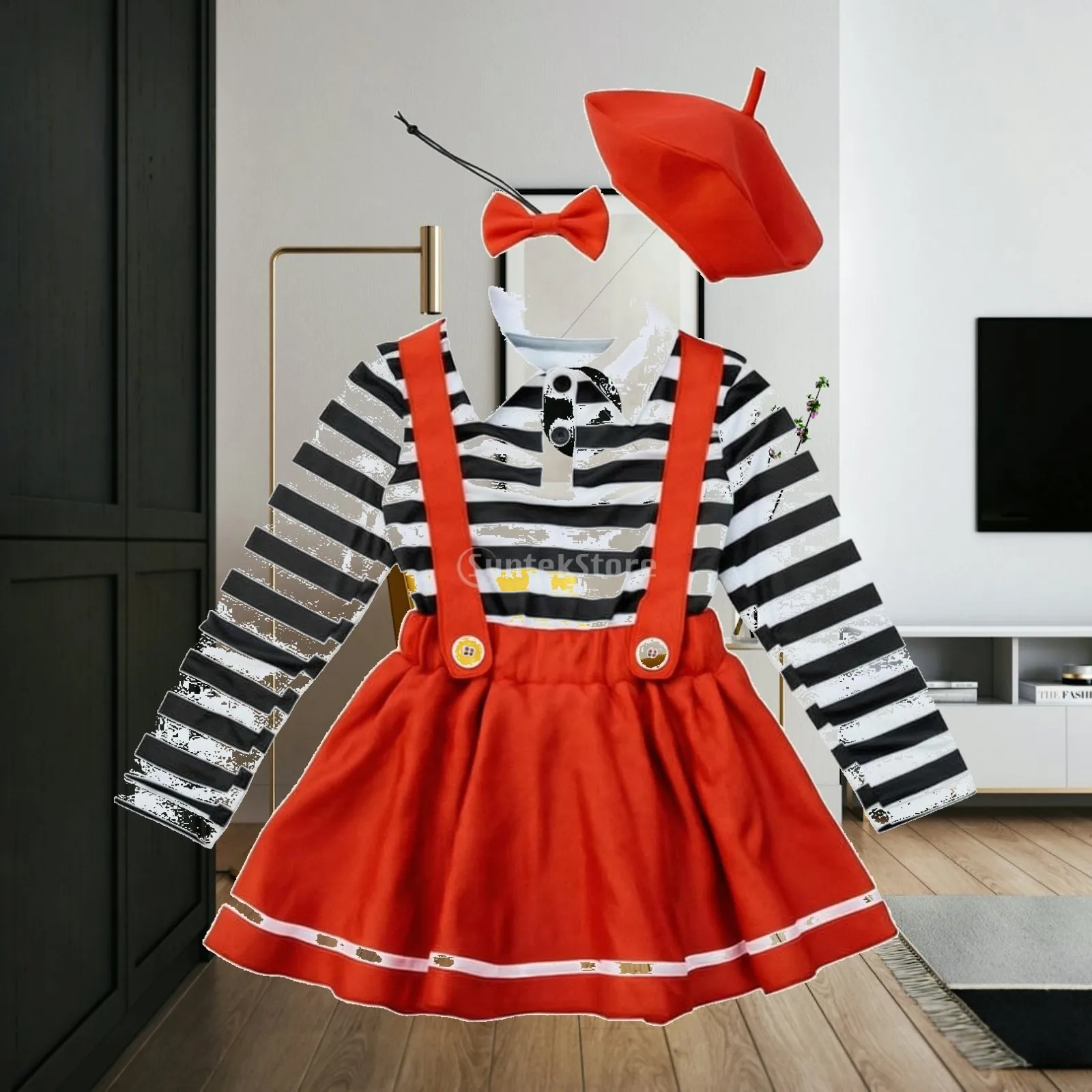 Kids Black White Stripe Top with Red Skirt and Bow Tie Halloween Fancy Dress Costume Set
