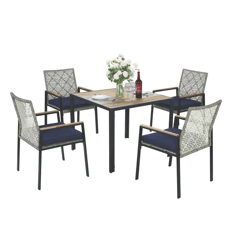 

5-Piece Outdoor Dining Set, Acacia Wood Table with Umbrella Hole, Rattan Conversation Seating, Light Gray Finish