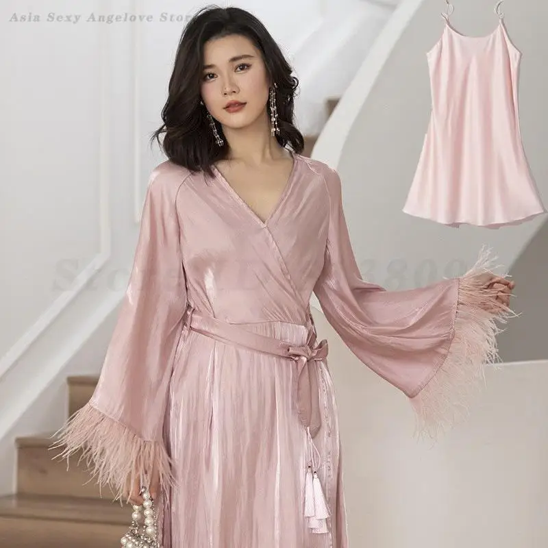 Bridal Wedding Morning Robe Sexy Luxury Feather Sleepwear Bathrobe Kimono 2025 Spring Summer Bridesmaid Nightgown Home Dressing