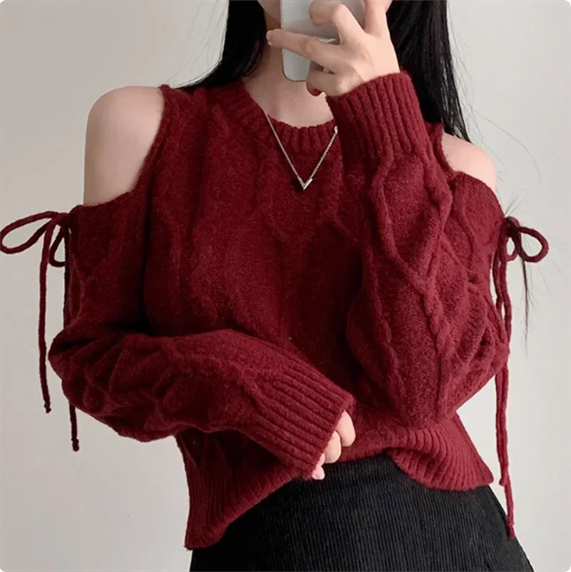 Casual O Neck Long Sleeve Knitted Tops Y2k Off Shoulder Pullover Elegant Solid Sweater Autumn Winter Korean Lace Up Knitwear
