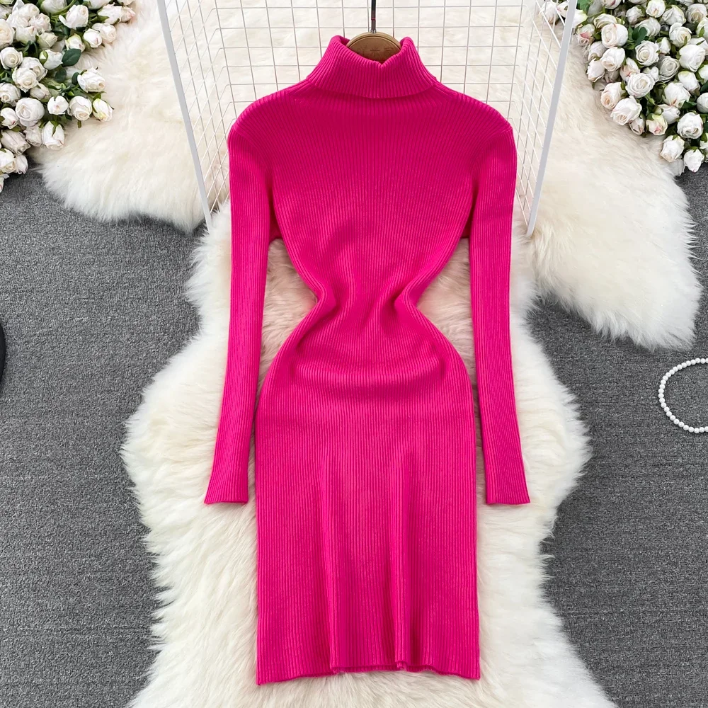 Elegancka dzianinowa sukienka ołówkowa z długim rękawem i golfem Slim Basic Fashion Sweter Vestido Seksowne kobiety Jesień Zima Odzież