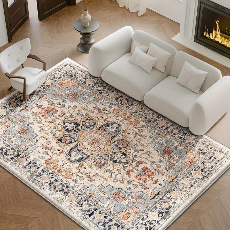 Soft Distressed Vintage Floral Flannel Rug Non Slip Indoor Area Carpet Light Tone Floor Mat for Living Room Bedroom Home Decor