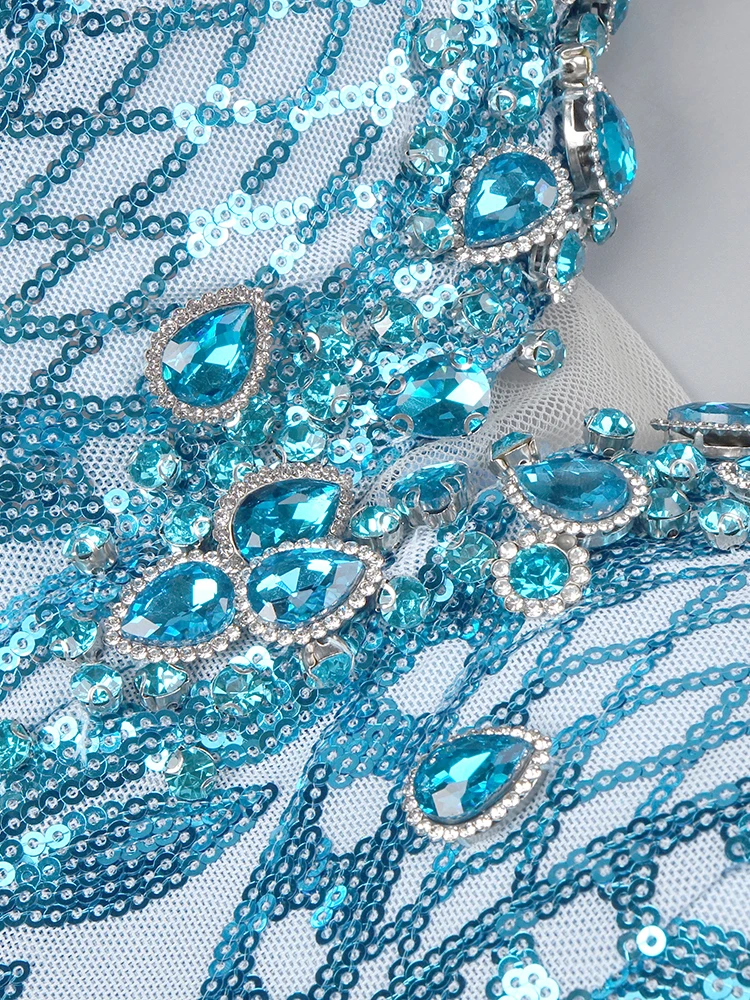 Party Dress Night Club Wear Baby Blue Feather Short Prom Dress Diamond Sequins Glitter V Neck Mini Birthday Cocktail