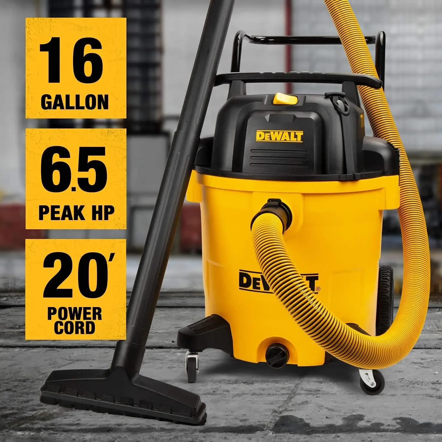 DEWALT 16 Gallon Shop Vacuum Wet/Dry, 6.5 Peak HP, Heavy Duty Poly Shop Vacuum Blower with Powerful Suction, Cart Style Wet/Dry