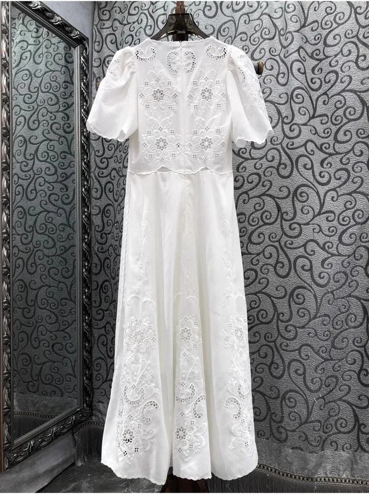 Top Quality Summer Dress 2024 Fashion Design Women Exquisite Embroidery Short Sleeve Long White Black Maxi Dress Cotton Linen