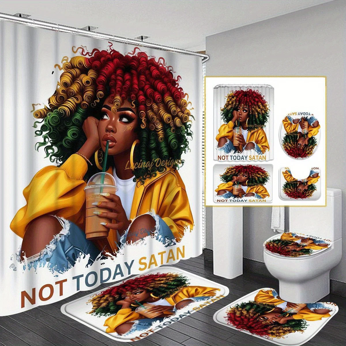 

«Красочный афро-женский комплект из 4 предметов для ванной комнаты, занавеска для душа, коврик U-образной формы, чехол для унитаза, не сегодня, декор сатаны»