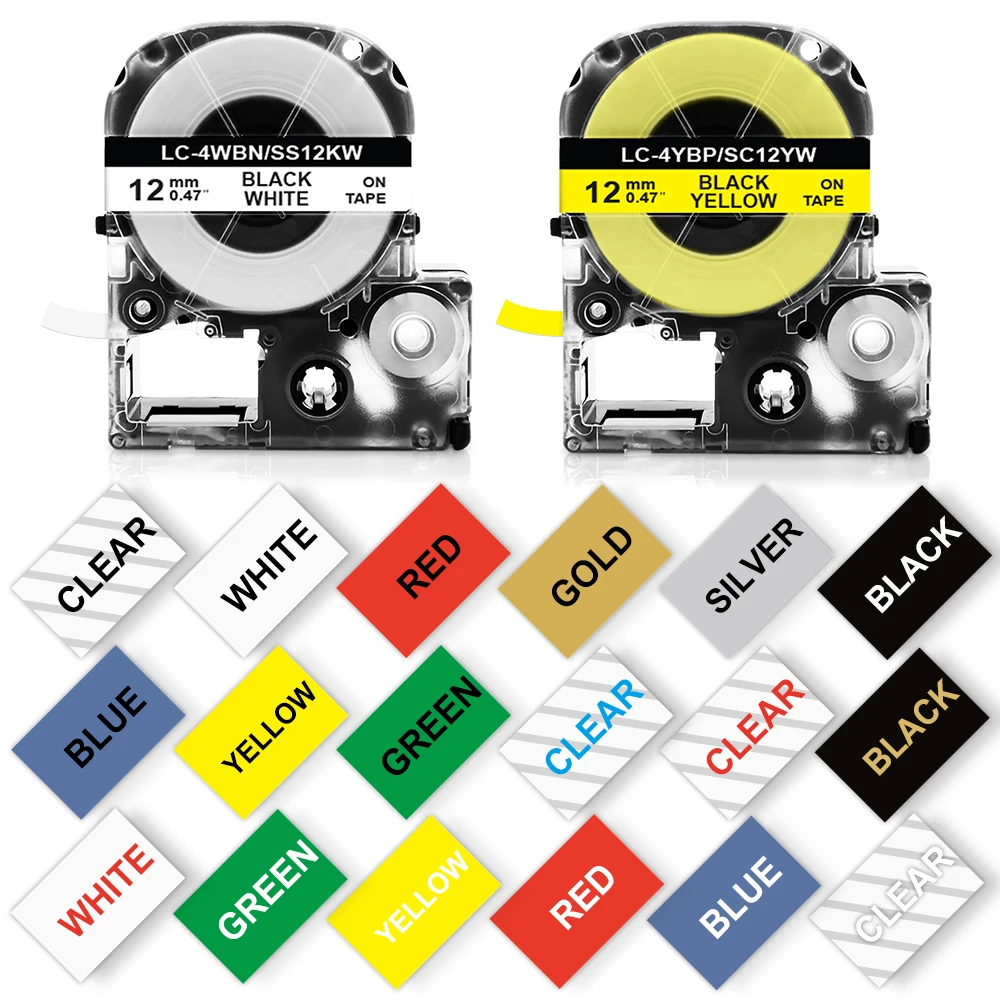 Cinta de etiquetas Compatible con Epson, 6/9/12mm, SS12KW, SS9KW, SS6KW, SC12YW, SC9YW, para Epson Kingjim Label Maker, LW-300, LW-400, 500