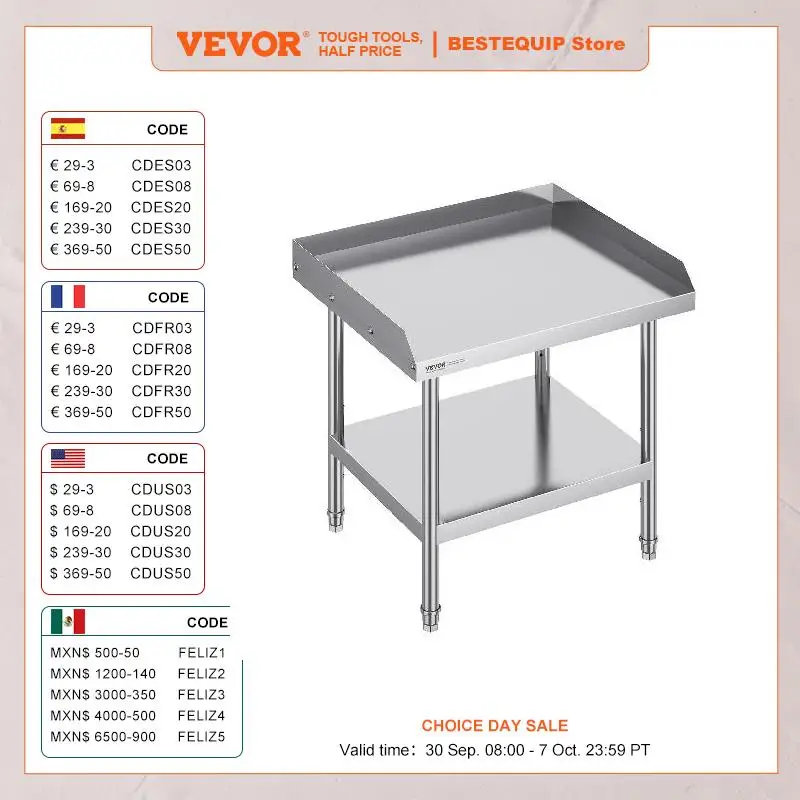 Vevor-aço inoxidável Worktable, Worktable Comercial, Heavy Duty Worktable, Tabela Metal Trabalho, 3-Sided Backsplash, Food Prep