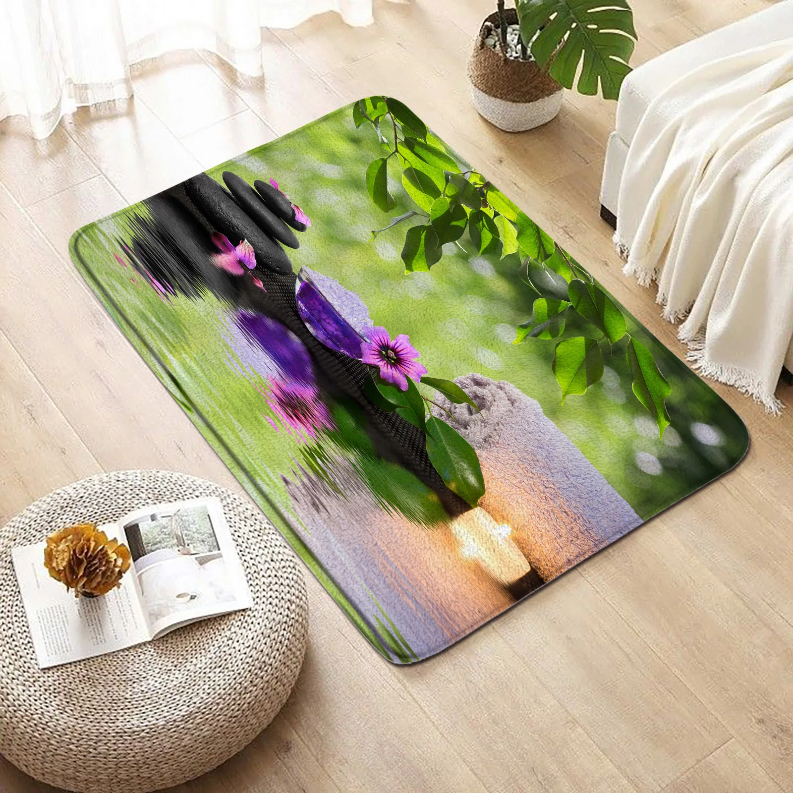 Zen Bath Mat Black Stone Water Orchids Flower Leaves Spa Bathroom Decoration Anti-slip Entrance Mat Floor Rug Carpet Home Decor