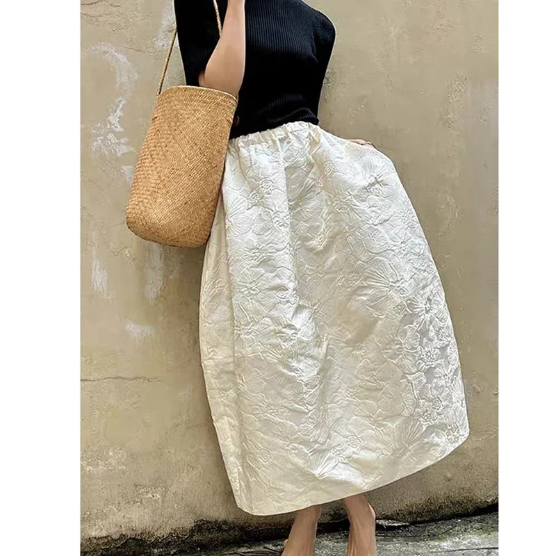 2024 New Arrival Spring/summer Arts Style Women Casual Loose Fit Elastic Waist A-line Jacquard Design Ankle-length Skirt P02