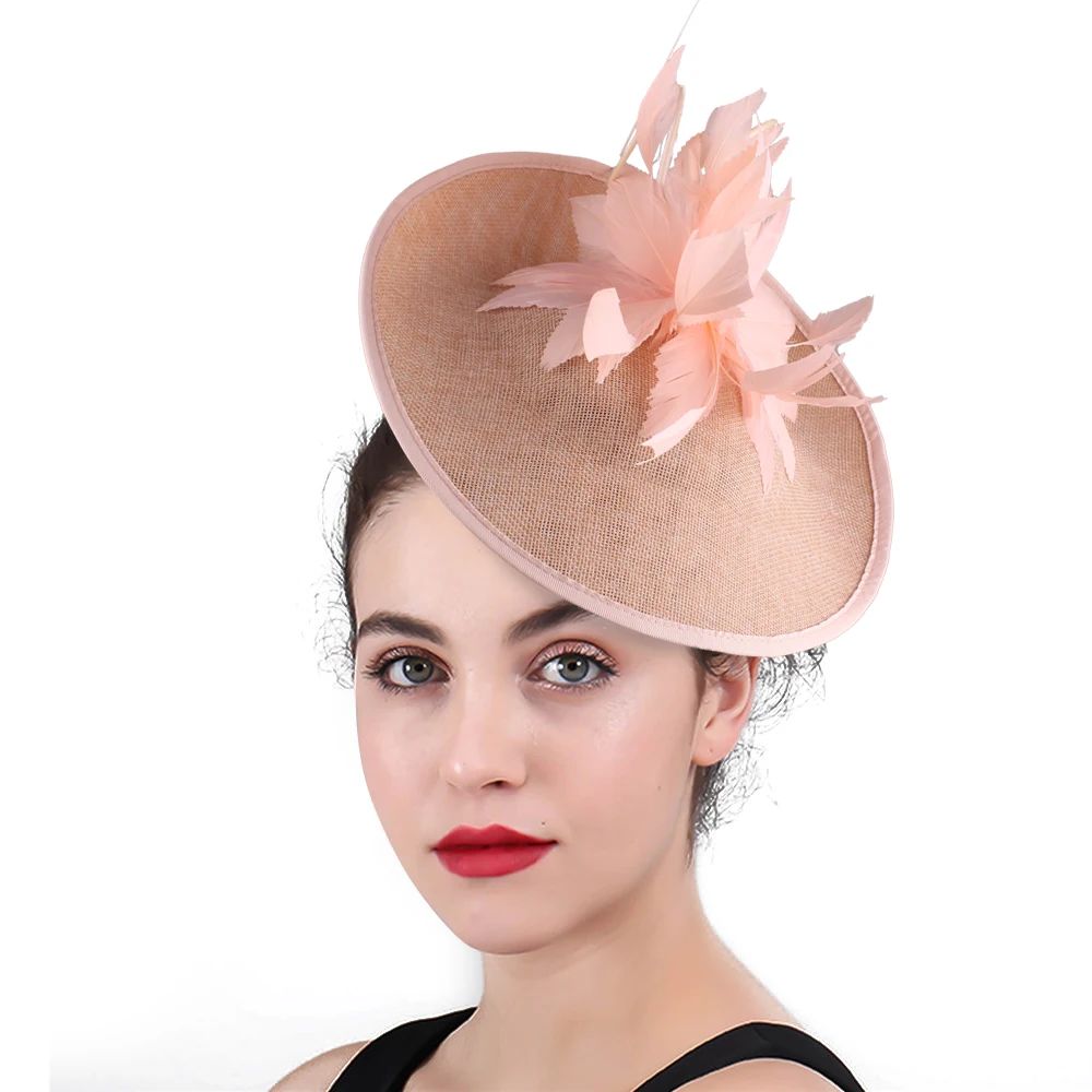 Elegant Feathers Fascinators Women Formal Champagne Chapeau Pillbox Caps Mariage Imitation Sinamay Ladies Headband Accessories