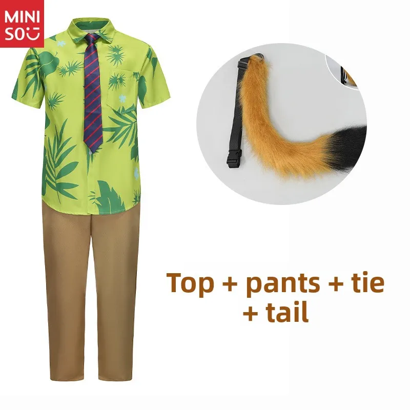 Miniso Zootopia Nick Wilde Cosplay-Kostüm für Kinder und Erwachsene, kurzärmeliges Hemd mit Fuchs-Kopfbedeckung
