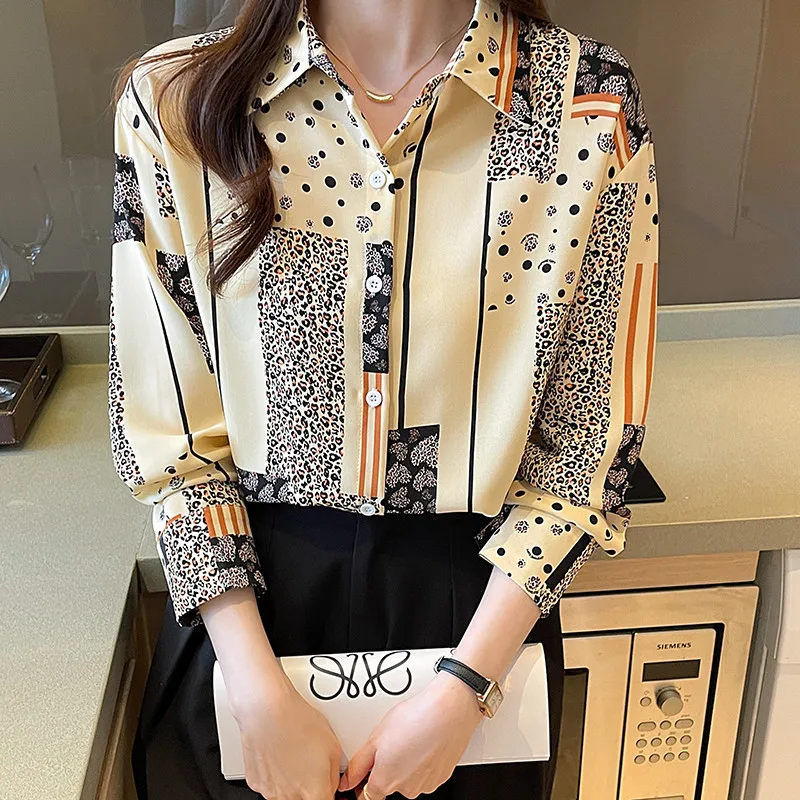 Koreanische Mode Neue Stil Dame Büro Casual Leopard Print Shirt Langarm Bluse Top für Frauen Kleidung