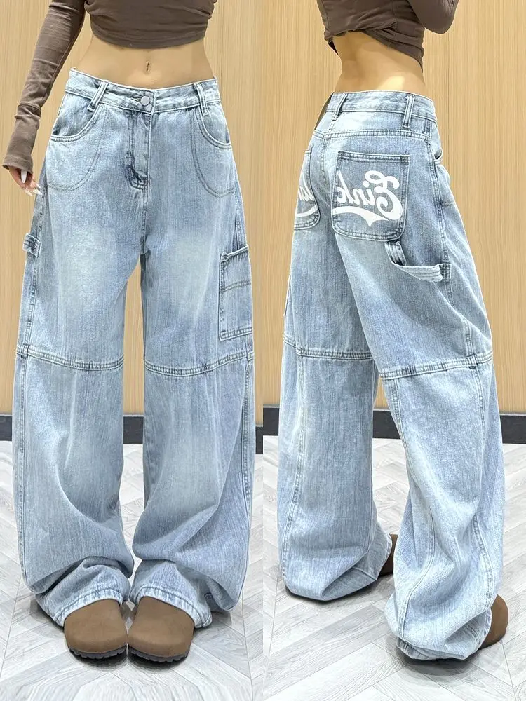 Amerikanischen Retro Cleanfit Druck Baggy Jeans Frauen Y2K Tasche Lose Breite Bein Jeans Cargo Hosen Koreanische Trend Denim Hosen Streetwear