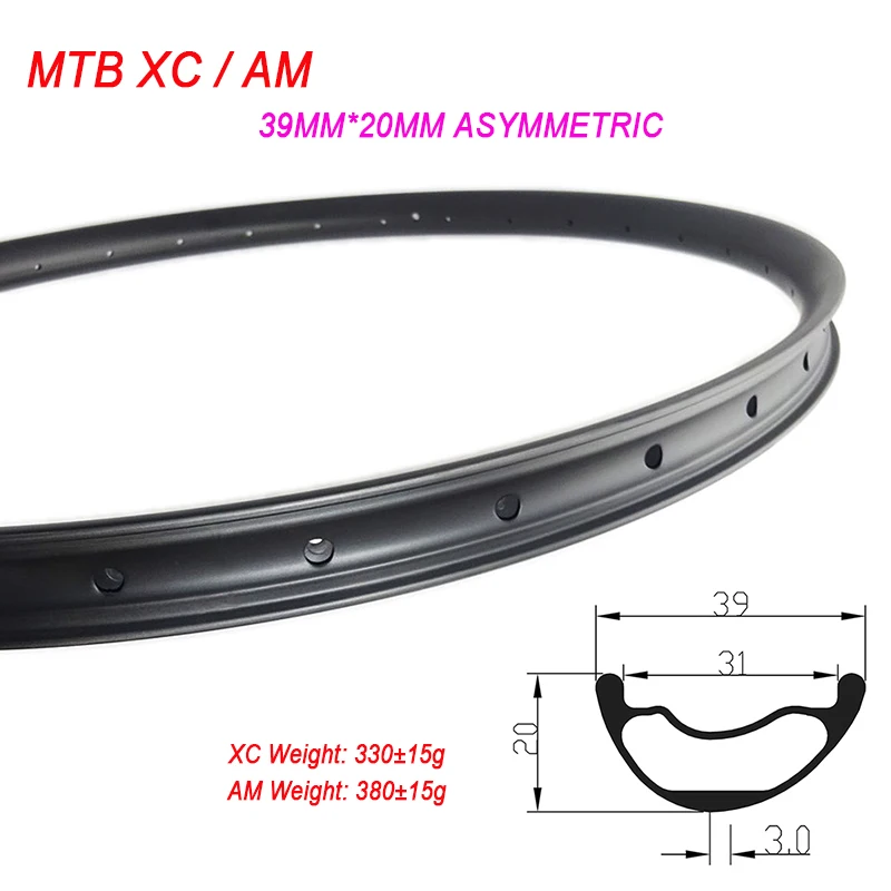 

29" Asymmetric MTB XC AM TR Bicycle Tubeless Carbon Rim 39x20 31mm Inner 29ER Mountain Bike Wheel 24-36H UD 3k 12k Matte Glossy