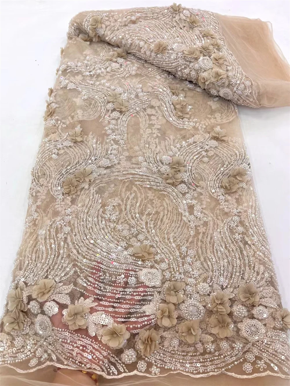 Tissu de dentelle perlée fait à la main pour femmes, broderie de paillettes africaines, tissu de dentelle nigériane, couture française 3D, haute qualité, 5yaA272-1, 2024